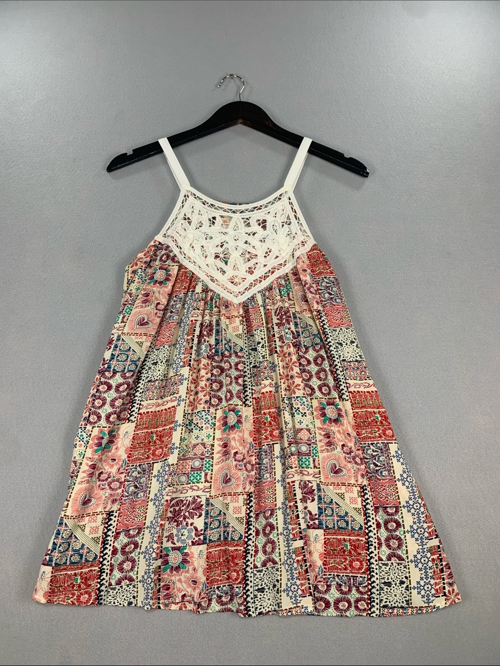 Mystree Cream Patchwork Print spaghetti top with Crochet Yoke